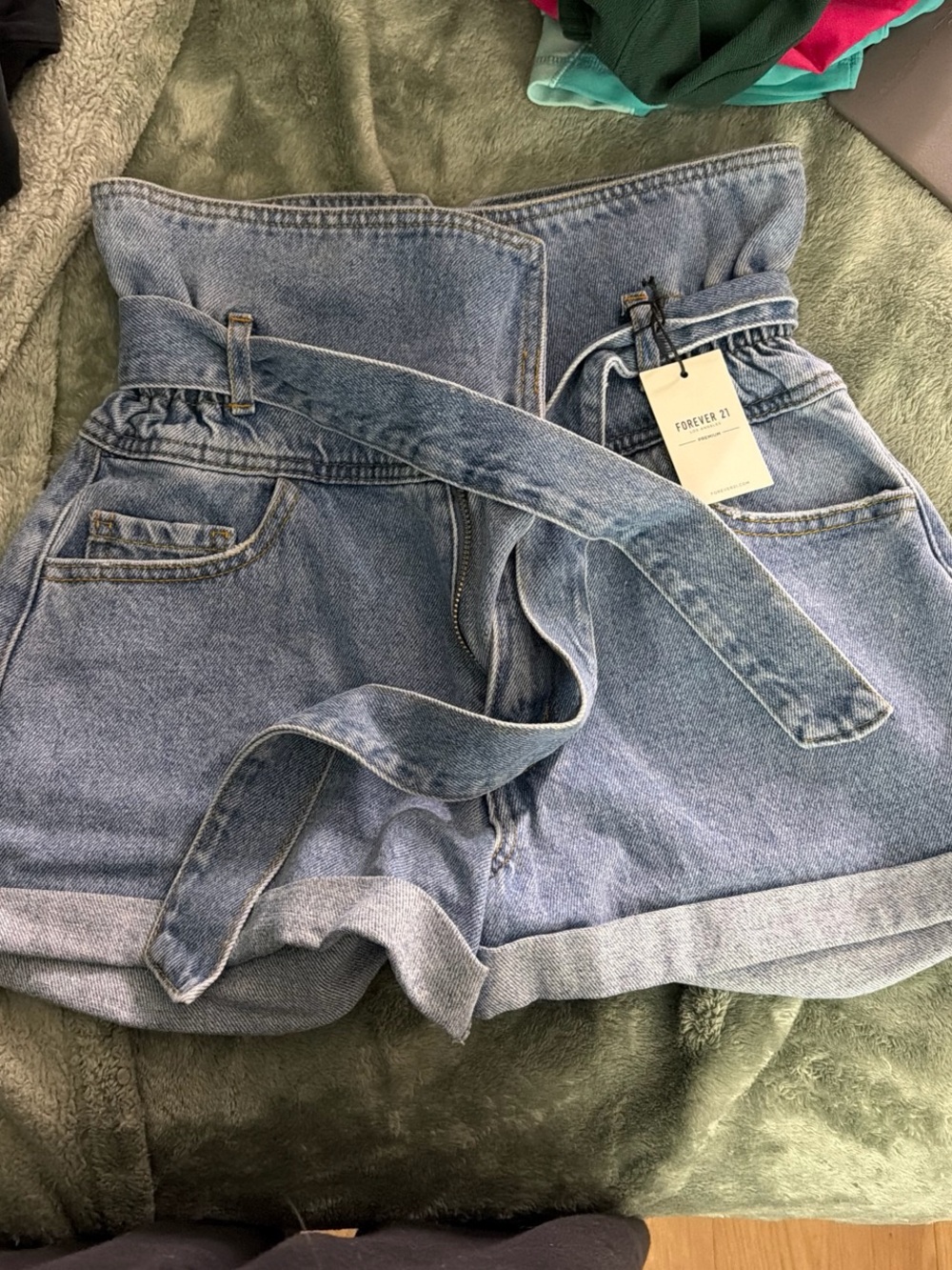 Forever 21 Light Blue High-Waist Paperbag Denim Shorts with Belt